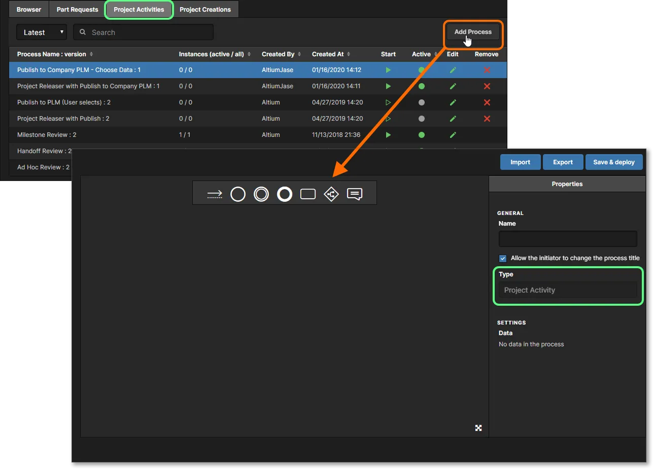 Доступ к Process Workflow Editor. Если перед доступом активировать нужную тему процесса, новое определение процесса будет установлено в правильный тип темы.