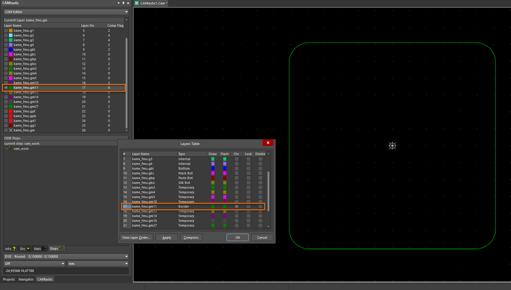 CAMtastic CAM Editor with Layers Table open, showing layer kame_fmu.gm11 selected and enabled as Board type; board outline with rounded corners is displayed in the workspace.