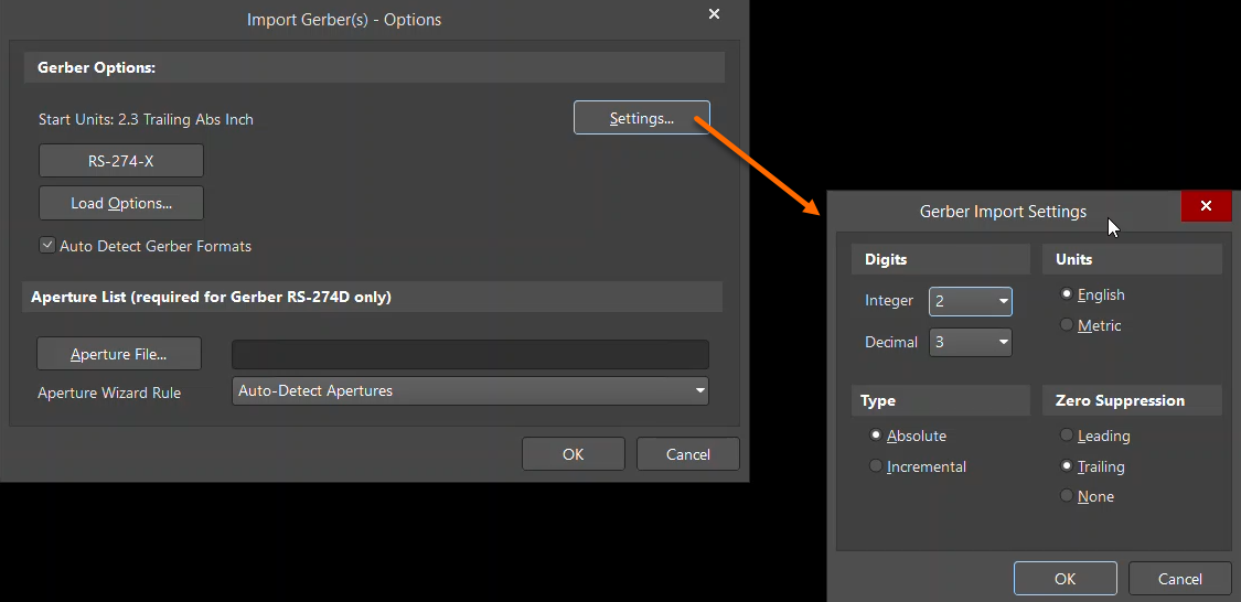 CAMtastic Import Gerber Options dialog showing detected format settings: units 2.3 trailing absolute inch; Gerber Import Settings set to English, Absolute coordinates, and Trailing zero suppression.