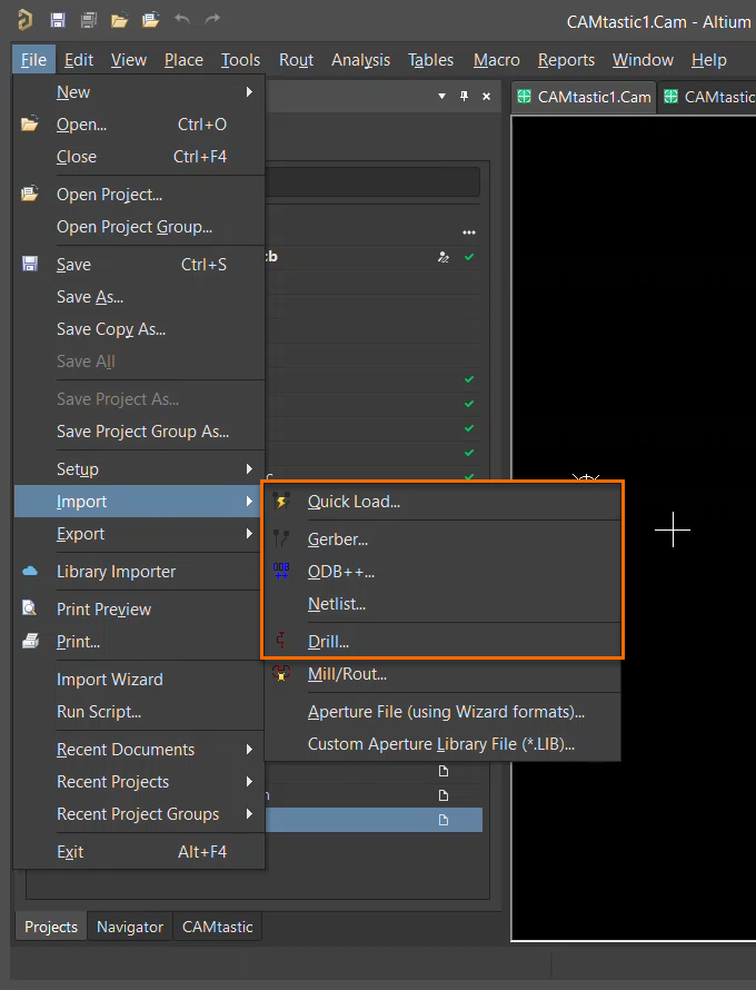 Altium CAMtastic File > Import menu open, showing import sources including Quick Load, Gerber, ODB++, Netlist, and Drill options for loading manufacturing data.