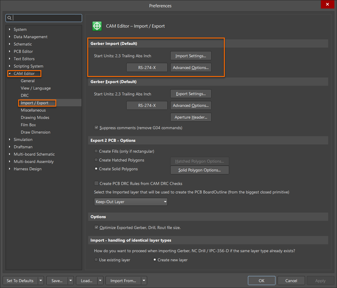 Preferences dialog in Altium CAM Editor Import/Export settings, showing default Gerber import format set to 2.3 trailing absolute inch with Import Settings and RS-274-X options available.
