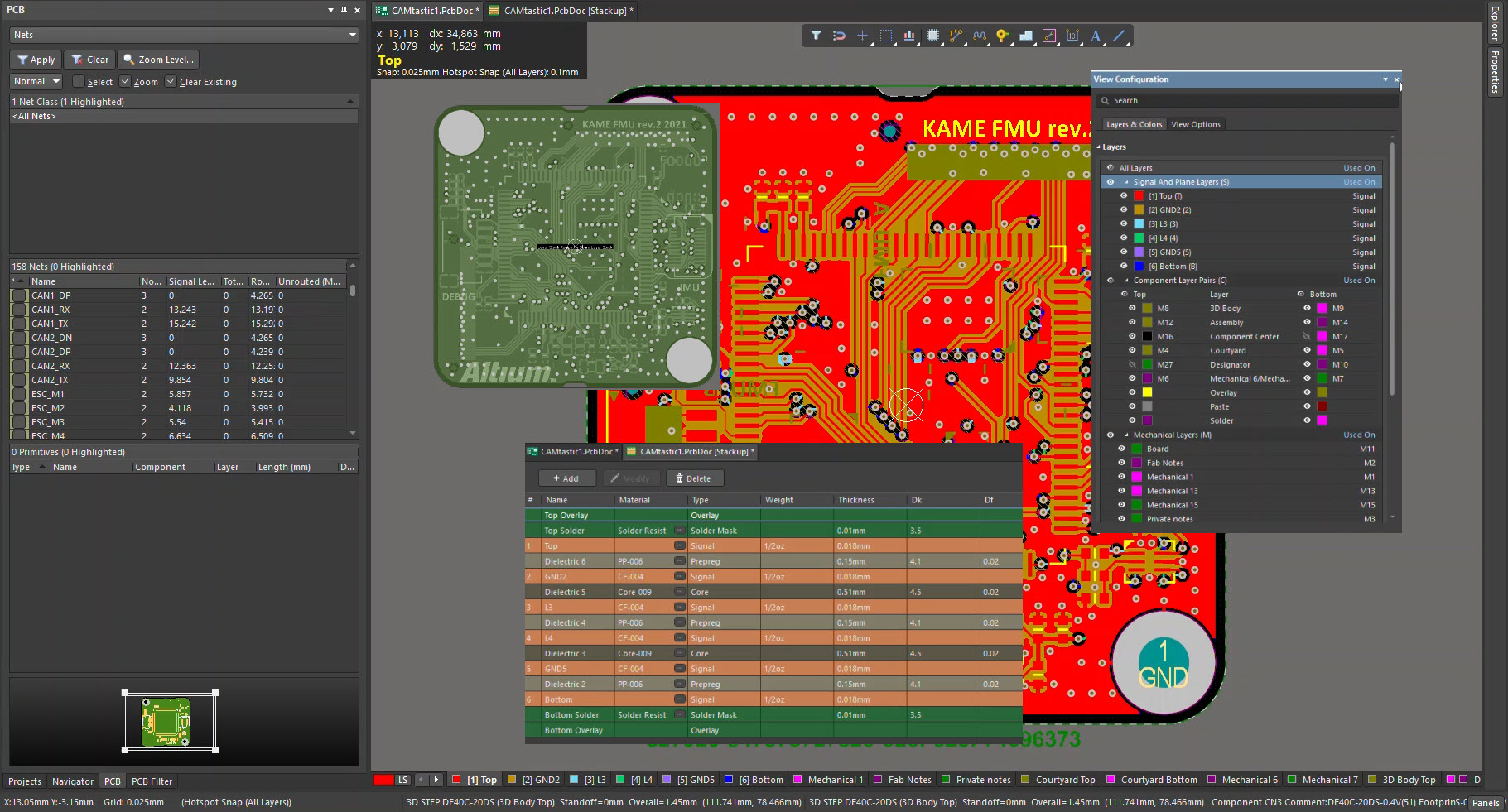 Altium PCB Editor showing board design and stackup; View Configuration maps Mechanical Layer M11 as Board, corresponding to CAMtastic layer kame_fmu.gm11 used for the board outline.