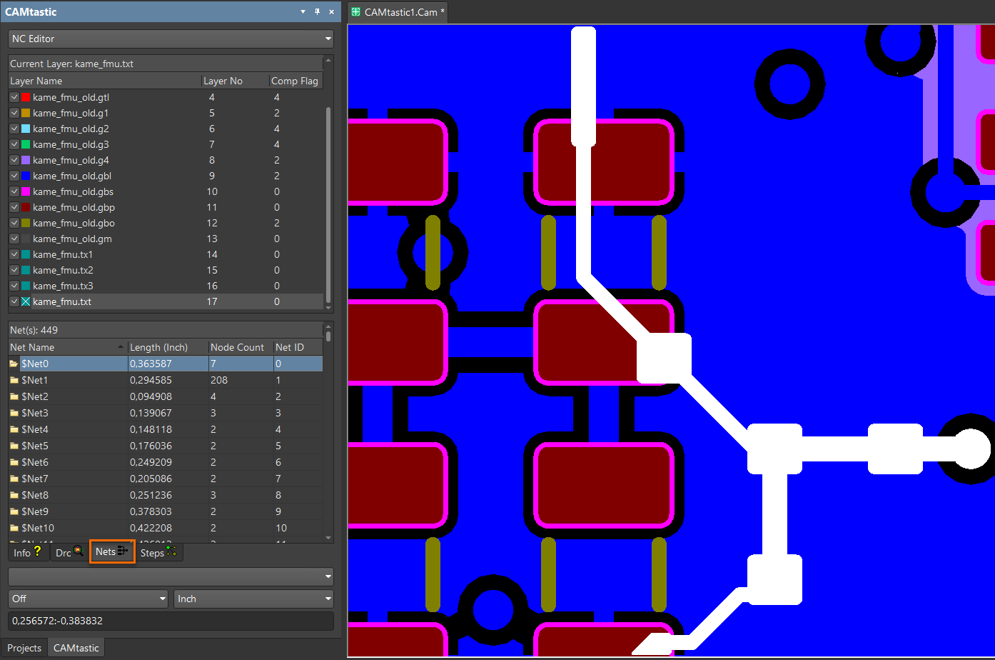 CAMtastic NC Editor displaying PCB data; net list shows 449 nets with $Net0 selected, and the board view highlights the corresponding routed connection path on the design.