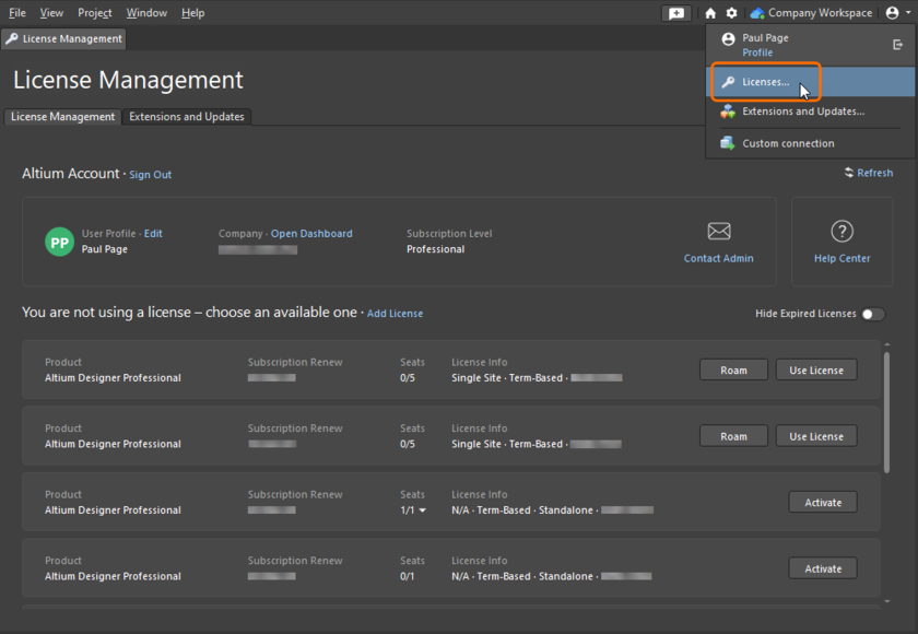Altium License Management page showing no license in use; the account menu has Licenses selected, and available Altium Designer Professional licenses offer Use License or Activate.