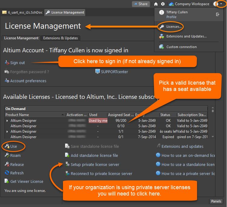 Altium License Management page showing a signed-in account, available on-demand licenses with seat status, and actions to Use a valid license or set up a private license server.