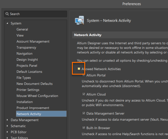 Altium Designer Preferences, System > Network Activity, showing the Allowed Network Activities checkbox and related options including Altium Portal, Altium Cloud, Data Management Server, and Built-In Browser.