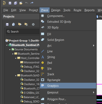 Altium Designer schematic editor Place menu opened, showing drawing options like Component, Pad, Via, Track, Rectangle, and Graphics selected, indicating where to add graphic objects to a schematic.