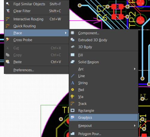 Altium Designer PCB editor context menu with Place submenu open, listing Component, Pad, Via, Track, Rectangle, and Graphics selected, showing how to add graphic objects during PCB layout.
