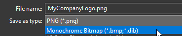 Save As dialog showing file name “MyCompanyLogo.png” and Save as type set to Monochrome Bitmap (*.bmp; *.dib), indicating the image is being exported in monochrome bitmap format.