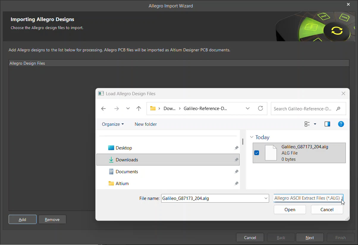 Altium Allegro Import Wizard with Load Allegro Design Files dialog open, showing Galileo_G87173_204.brd selected and Open available to add the design file.