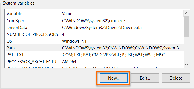 Environment Variables dialog showing System variables, with Path selected and New button ready to add a new system variable.