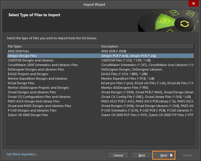 Altium Designer Import Wizard on Select Type of Files to Import, with Allegro Design Files selected and Next available to continue.