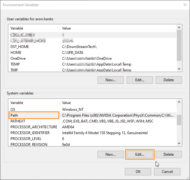 Environment Variables dialog showing System variables, with Path selected and the Edit button as the next action.