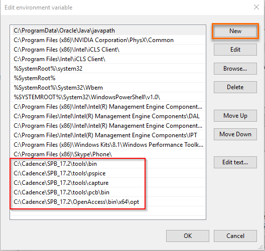 Edit environment variable dialog showing Path entries, with New button available and Cadence SPB_17.2 tool paths listed near the end.