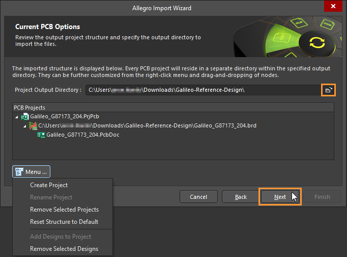 Altium Allegro Import Wizard on Current PCB Options, showing project output directory for Galileo-Reference-Design, imported .brd mapped to a .PcbDoc, menu open, and Next available.