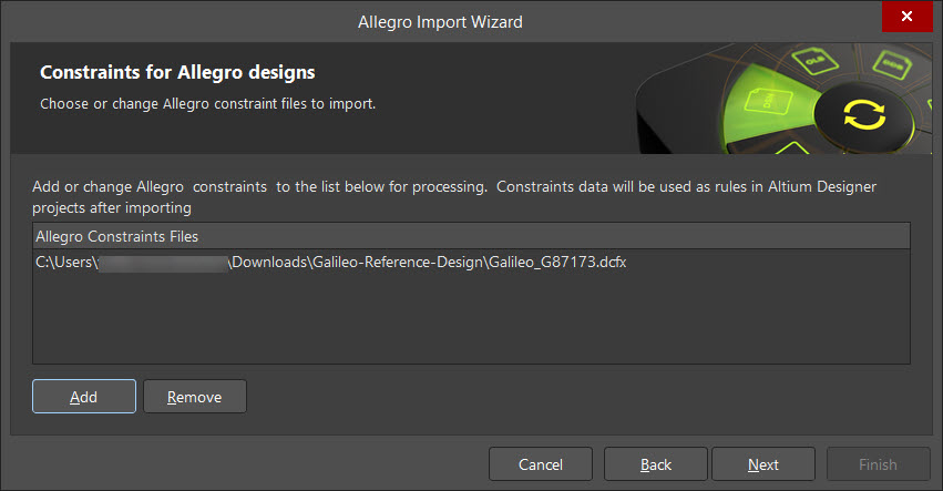 Altium Allegro Import Wizard on Constraints for Allegro designs, showing an empty Allegro Constraints Files list and Next available to continue without adding constraints.