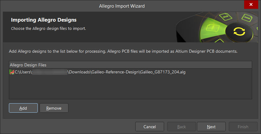 Altium Allegro Import Wizard showing the selected Galileo_G87173_204.brd file added to Allegro Design Files, with Next available to proceed.