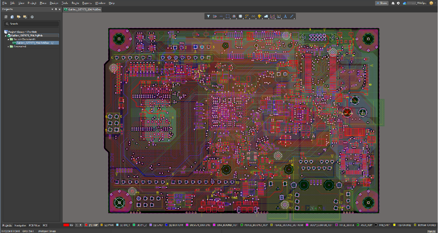Altium Designer PCB editor showing the imported Galileo_G87173_204 PCB open, with dense routed board layers displayed and the project file selected in the Projects panel.