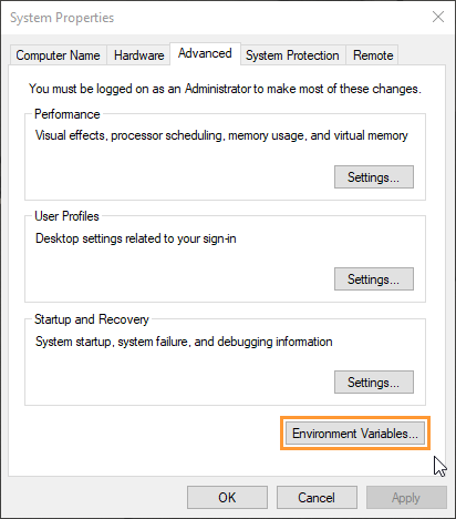 System Properties dialog on the Advanced tab, showing administrator notice and settings sections, with Environment Variables as the next option to select.