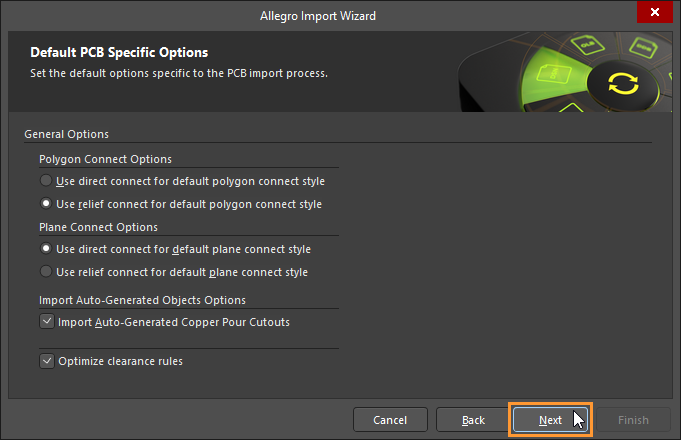 Altium Allegro Import Wizard on Default PCB Specific Options, showing relief polygon connect, direct plane connect, import copper pour cutouts, and optimize clearance rules selected, with Next available.