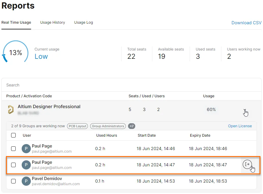 Reports page showing real-time license usage at 60% active, with 5 total seats, 3 used and 2 available for Altium Designer Professional; current users listed with a Force Release option for an in-use seat.