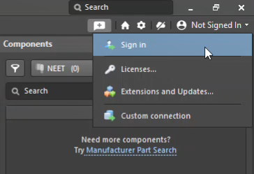 Application account menu showing Not Signed In status, with Sign in option selected and additional menu items for Licenses, Extensions and Updates, and Custom connection.