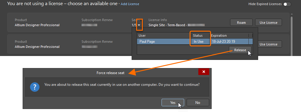 License management page showing an Altium Designer Professional seat assigned to another computer; seat status is In Use, Release action selected, and a Force release seat confirmation dialog asks whether to continue.