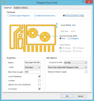 The Polygon Pour dialog in Solid mode, Hatched mode and None mode.
