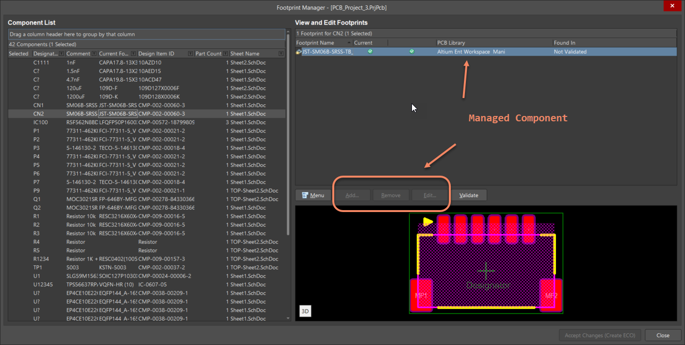 Altium Designer Footprint Manager, showing managed component CN2 with workspace footprint JST-SM06B-SRSS-TB; Add, Remove, and Edit controls are disabled.