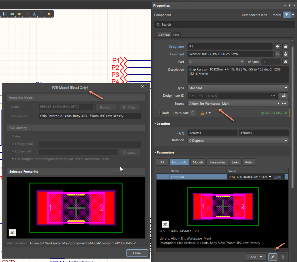 Altium Designer Properties panel for resistor R1 shows workspace footprint RESC3216X60X45ML15T20 in the read-only PCB Model dialog; arrows identify the component source and footprint edit button.