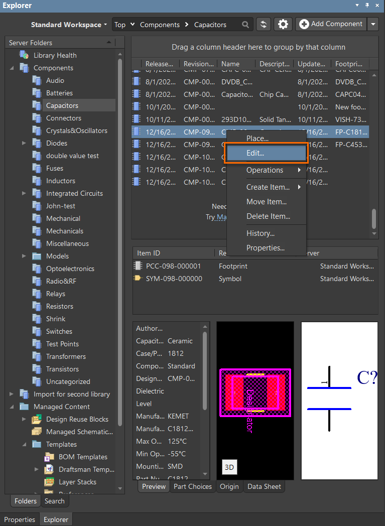 Altium Designer Explorer with Capacitors selected; a managed component's context menu shows Edit selected, with linked footprint and symbol items listed.