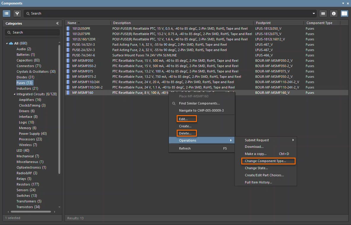 Components panel listing parts; context menu for component MF-MSMF160 shows Delete and Operations > Change Component Type options, illustrating an alternative action when deletion is blocked by revisions.