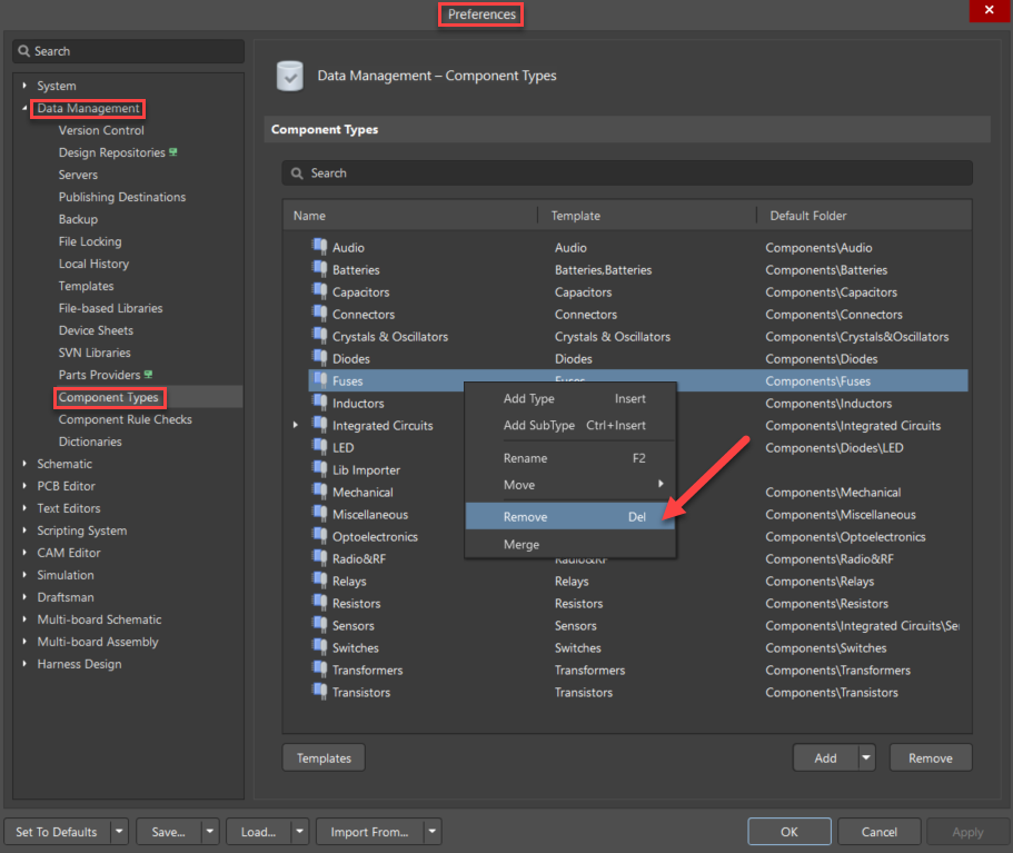 Preferences dialog, Data Management > Component Types, showing a component type selected and the context menu opened with Remove (Del) available to delete the component type.