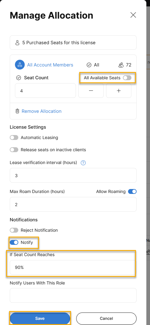 Manage Allocation dialog showing 5 purchased seats, seat count set to 4, Notify enabled when seat count reaches 90%, and Save action available.