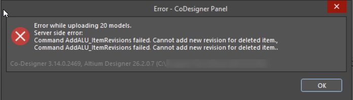 Altium Designer Co-Designer error dialog showing upload failure due to deleted item revisions.