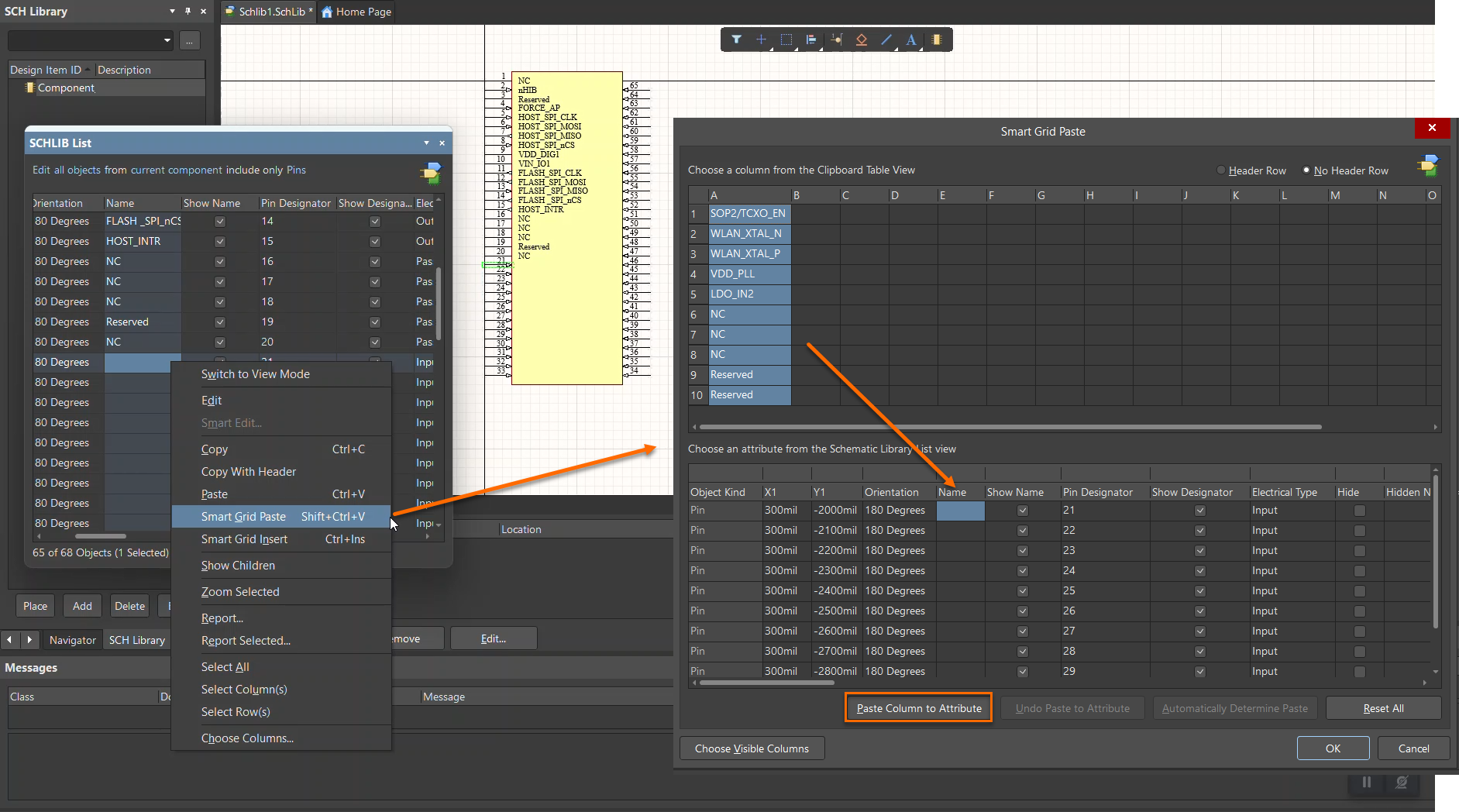 Altium Designer SCHLIB List panel with Smart Grid Paste open, showing column-to-attribute mapping from a pasted pin list to schematic library pins, including pin numbers, names, designators, and electrical types for batch editing.