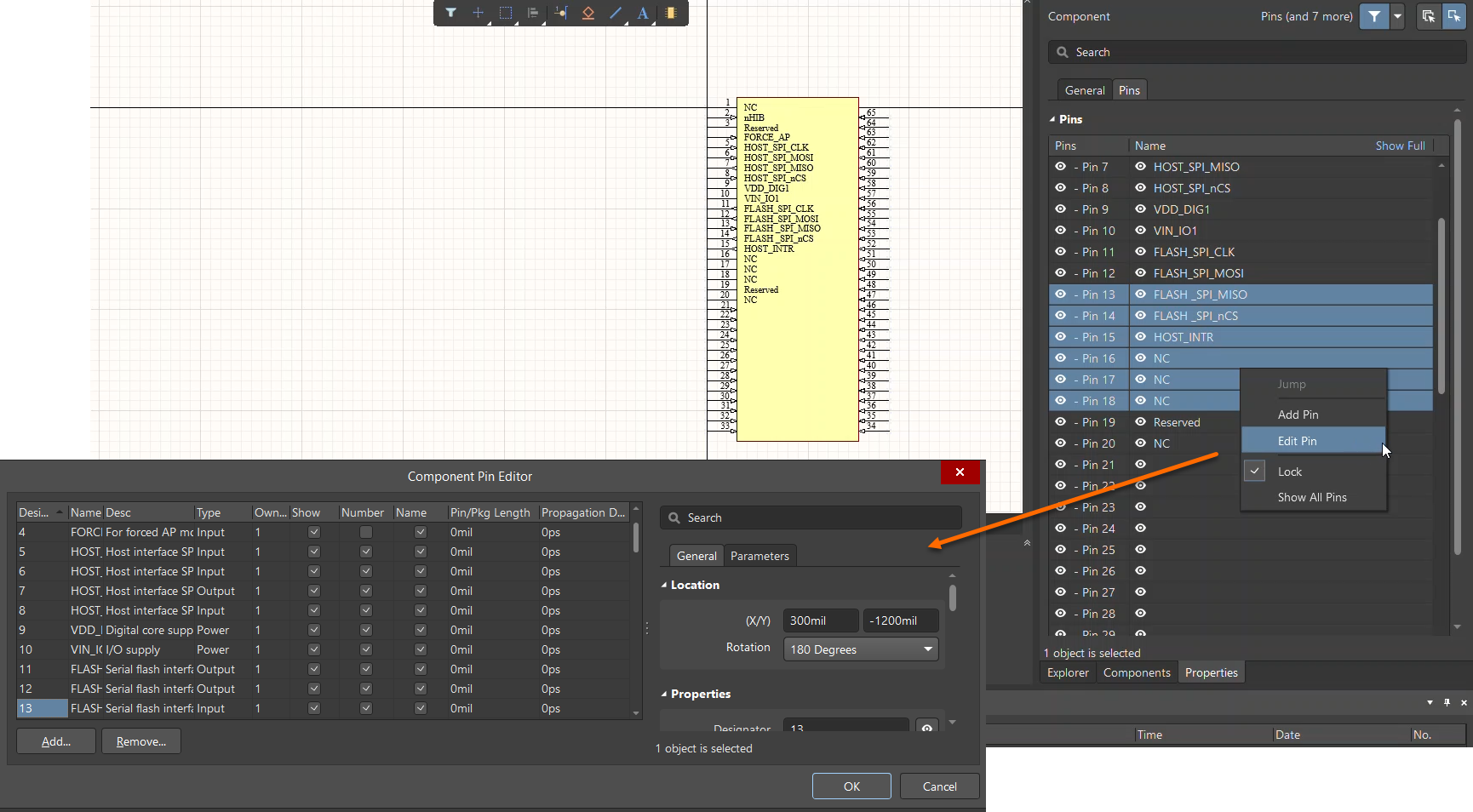 Altium Designer schematic component editor showing the Pins panel and Component Pin Editor dialog, with a context menu open on a pin list and the Add Pin option selected.