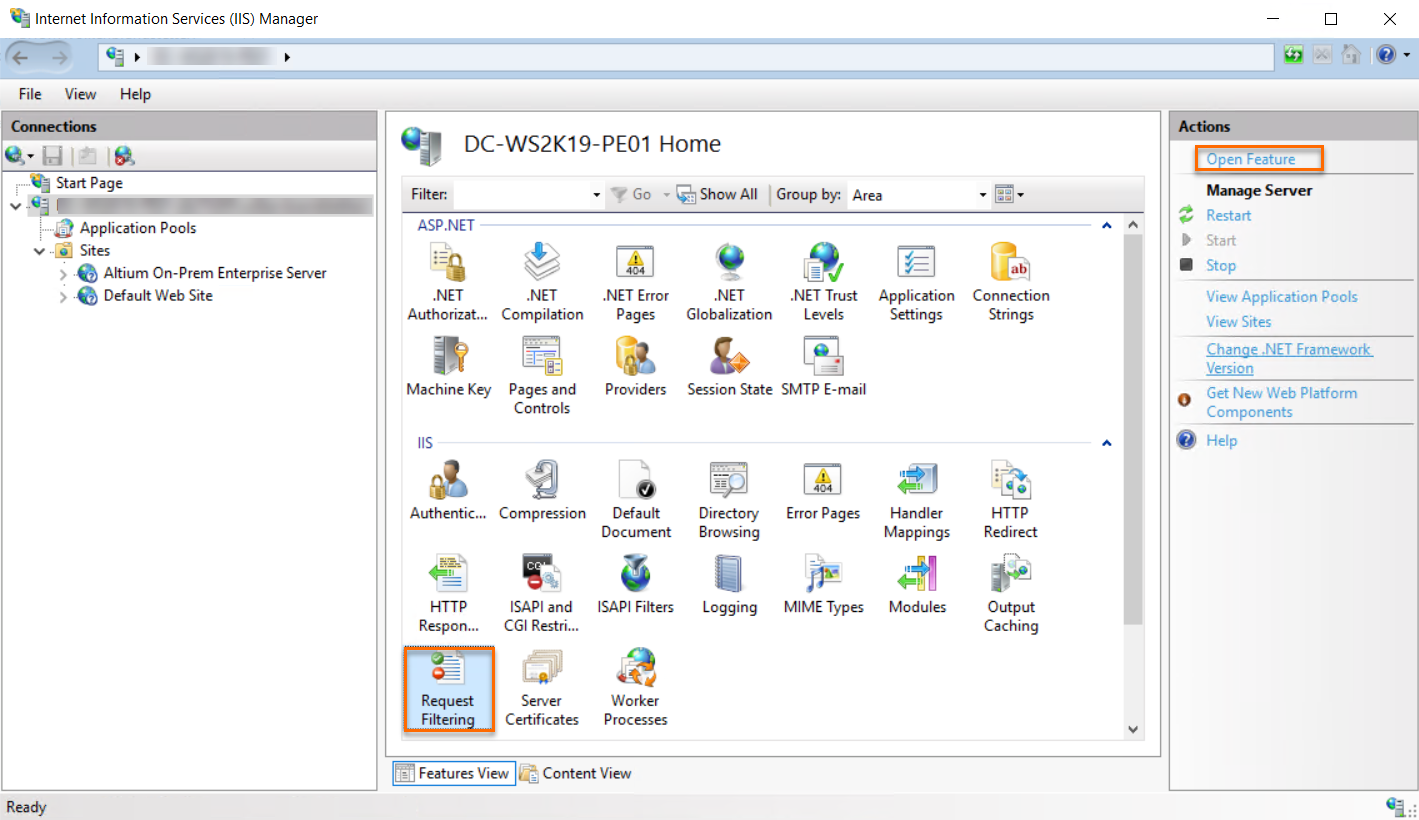 Internet Information Services (IIS) Manager home view showing a server with Application Pools and Sites listed, ASP.NET and IIS feature icons in the main panel, and Request Filtering available among server features.