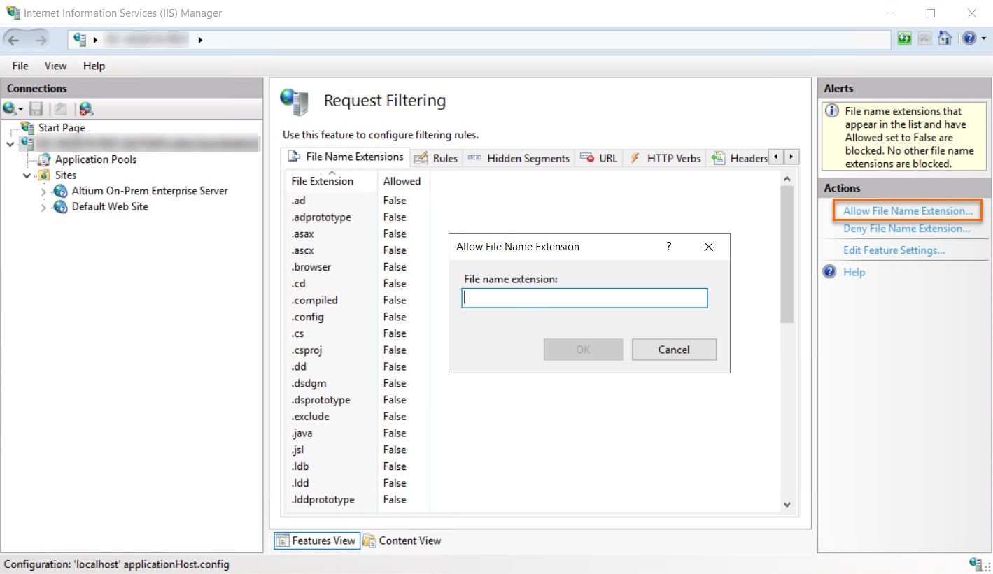 IIS Manager Request Filtering page with the “Allow File Name Extension” dialog open, prompting for a file name extension to add to the allowed list while file name extensions are otherwise blocked.