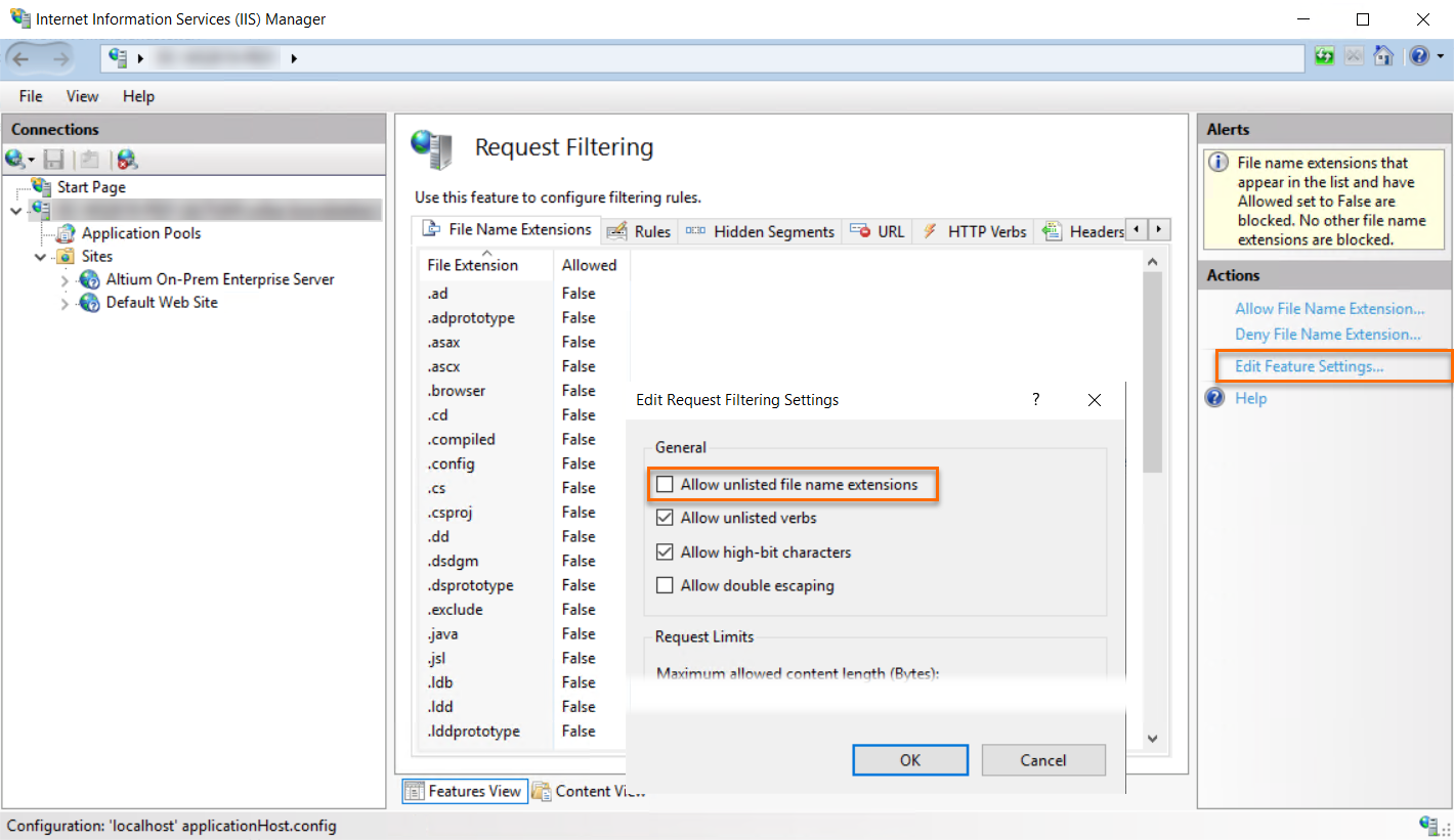 IIS Manager Request Filtering feature with Edit Request Filtering Settings open, showing the General options and the “Allow unlisted file name extensions” checkbox unchecked, alongside other request limit and security settings.