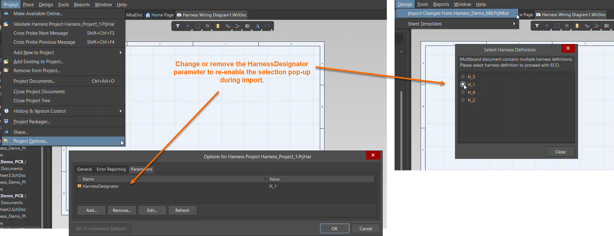 Altium Designer harness project showing Project Options with HarnessDesignator set to H_1 and an Import Changes workflow where a Select Harness Definition dialog lists multiple harnesses (H_1 - H_4) for selection.