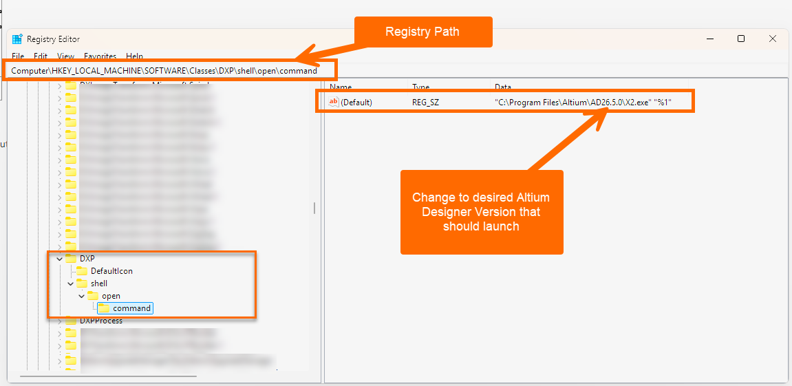 Windows Registry Editor showing the key HKEY_LOCAL_MACHINE\SOFTWARE\Classes\DXP\shell\open\command, with the Default value pointing to an Altium Designer executable path, indicating which installed version launches DXP files.