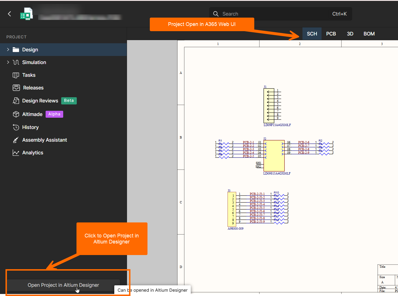 Altium 365 web interface showing a schematic view open in the browser, with project navigation on the left, SCH view selected, and an Open Project in Altium Designer button to launch the same project in the desktop application.