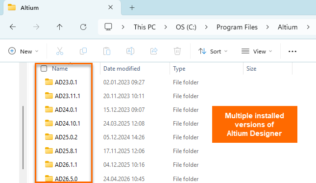 Windows File Explorer showing the Program Files\Altium directory with multiple installed Altium Designer versions listed as folders.
