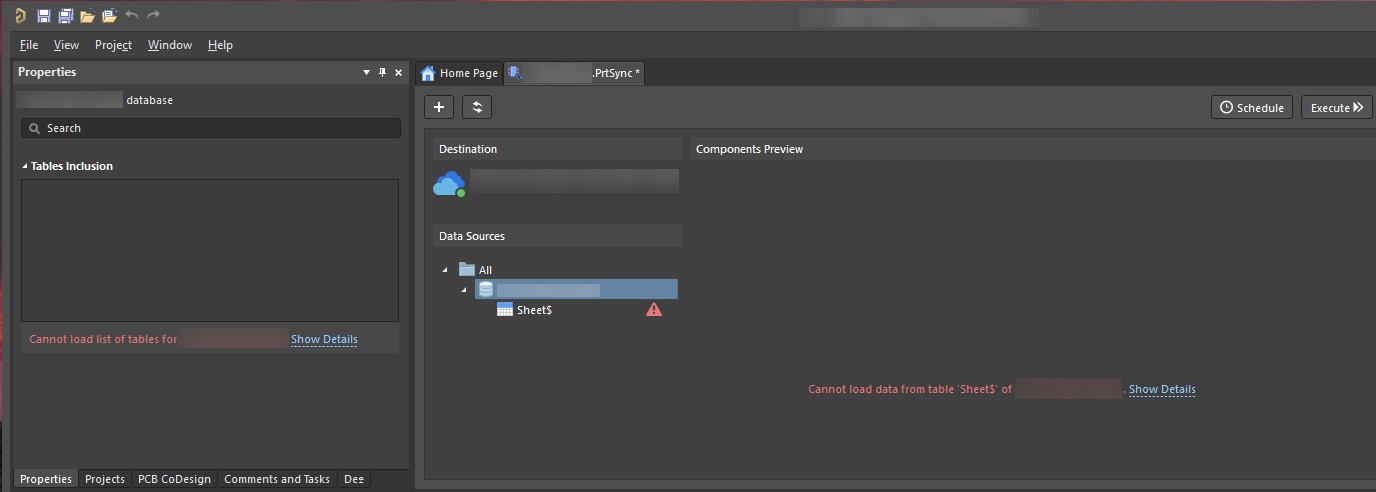 Altium Designer Properties and Components Preview panels showing a database connection with errors stating “Cannot load list of tables” and “Cannot load data from table ‘Sheets’,” indicating the data source failed to load.