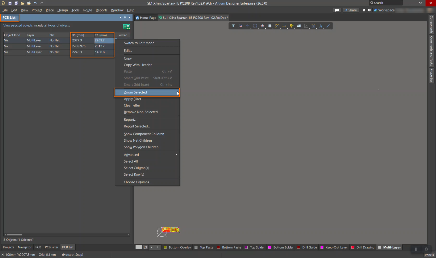 Altium Designer PCB List panel with vias selected, showing the context menu open and Zoom Selected chosen, causing the PCB editor view to center and zoom to the selected objects.