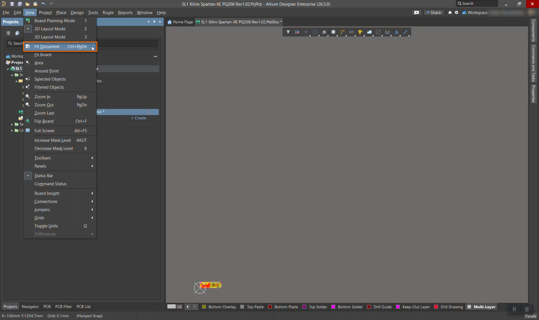 Altium Designer PCB editor with the View menu open, showing Fit Document selected to zoom the workspace so all PCB content is visible.