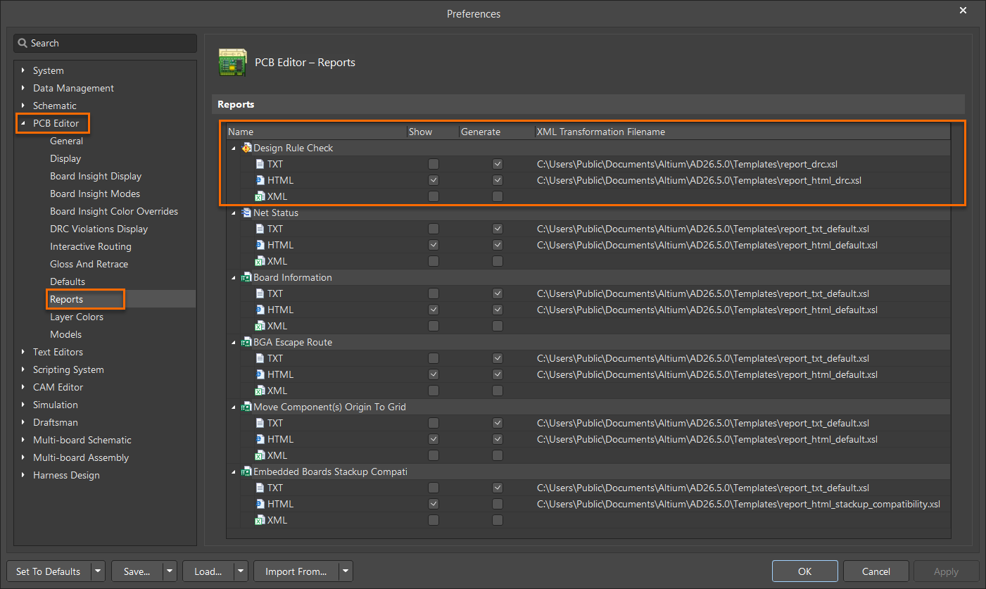 Altium Designer Preferences dialog open to PCB Editor > Reports, showing Design Rule Check report formats (TXT, HTML, XML) with options to show or generate reports and file paths to XSL templates.