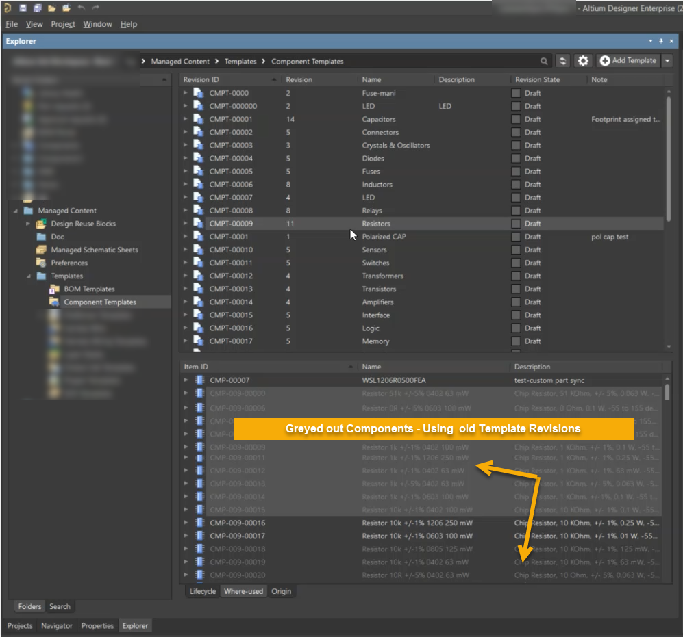 Altium Designer Explorer panel showing Managed Content Component Templates, with a list of templates and related components below, where many components appear unavailable because they reference older template revisions.