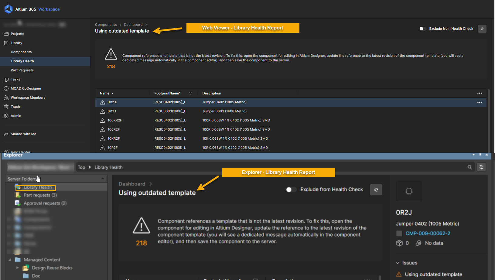 Altium 365 Workspace Library Health dashboard showing a “Using outdated template” warning, listing 218 affected components, with the same report visible in both the web viewer and Altium Designer Explorer panels.